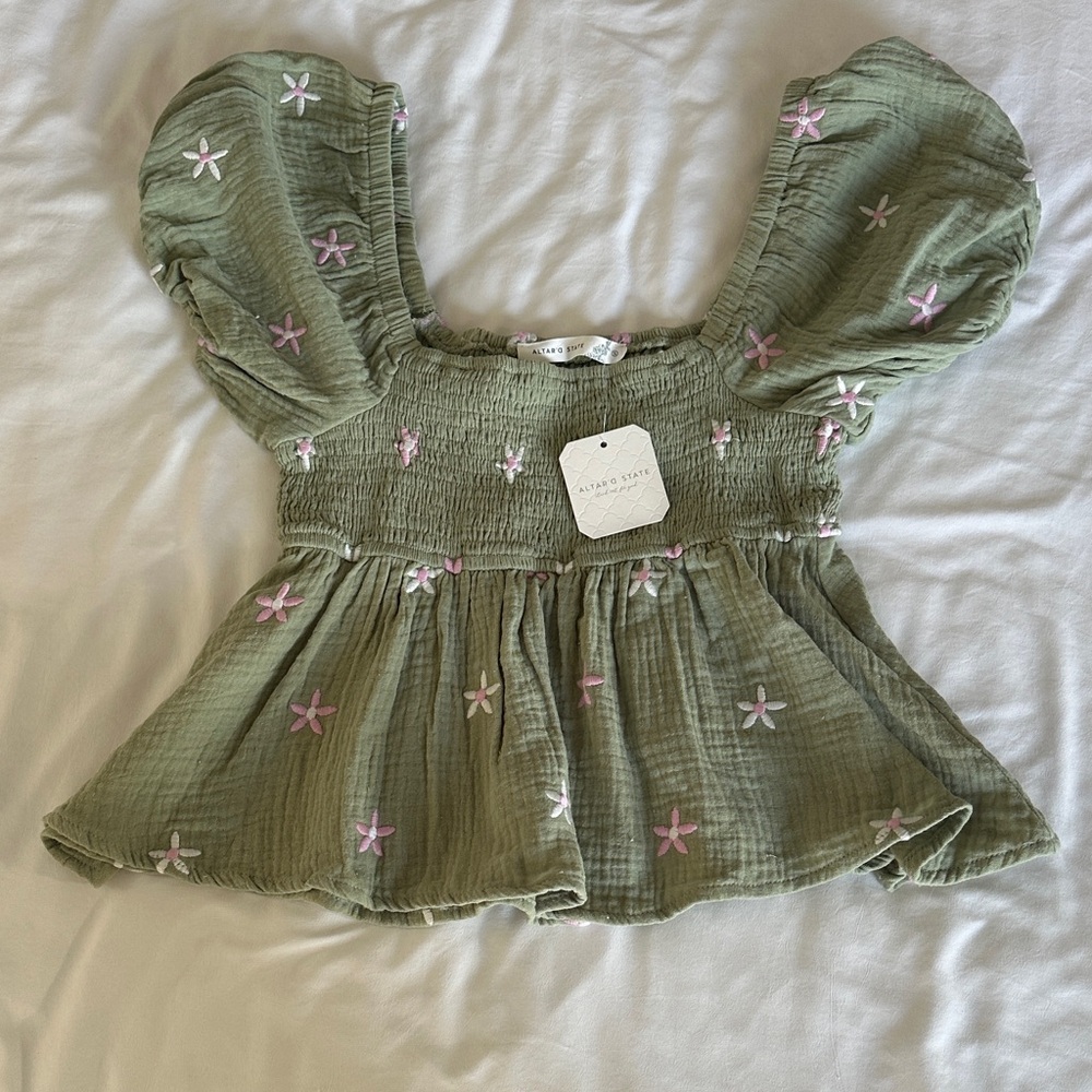 Altar'd State Green Top with Pink Accents